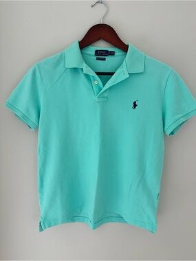 Ralph Lauren Women’s Aqua Polo Shirt with Navy Logo Classic Fit Sz M
